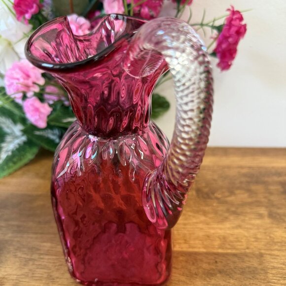 Vintage Cranberry Glass Diamond Thumbprint Pitcher‎ Twisted Clear Handle - Picture 3 of 7